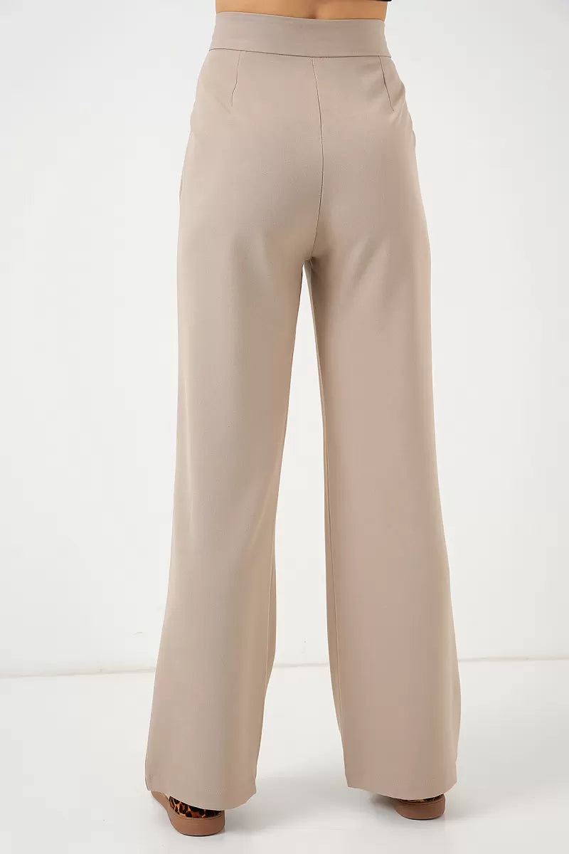 Kadın Yüksek Bel Bol Paça Açık Bej Palazzo Pantolon