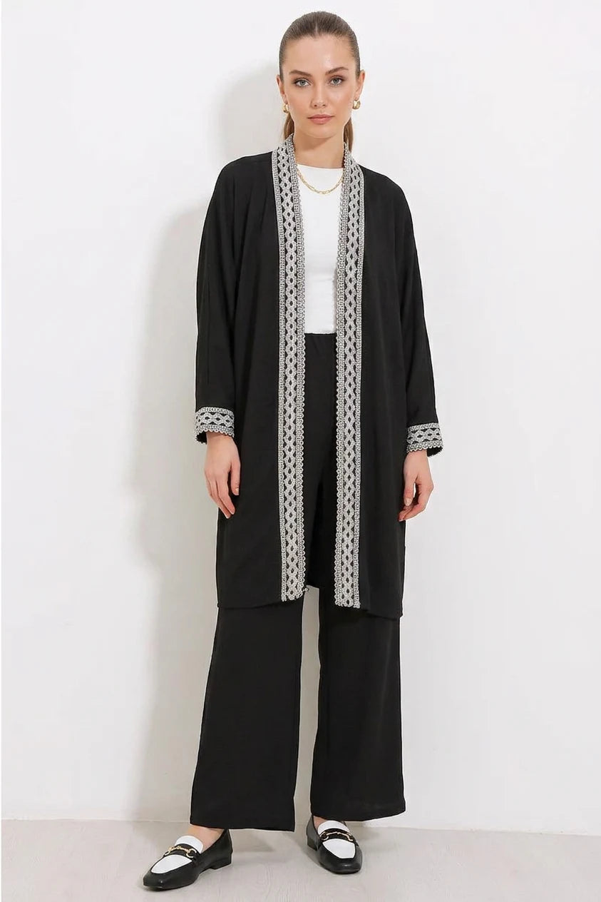 Kadın Kimono Yaka Örme Dantel Detaylı Siyah Takım
