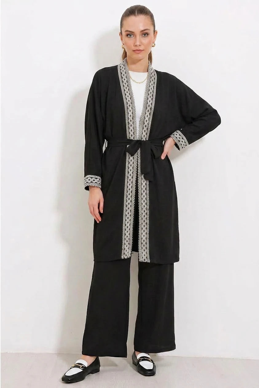 Kadın Kimono Yaka Örme Dantel Detaylı Siyah Takım