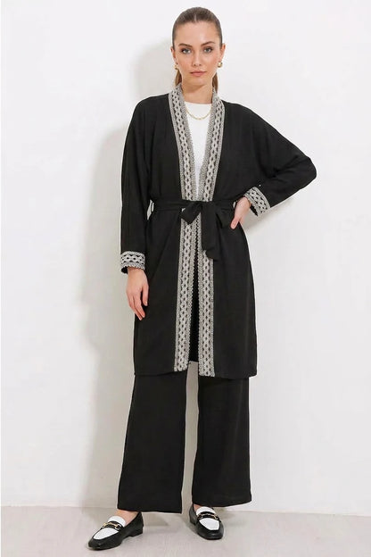 Kadın Kimono Yaka Örme Dantel Detaylı Siyah Takım