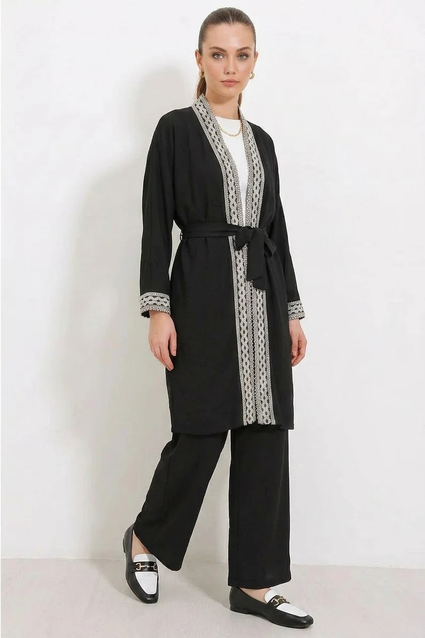 Kadın Kimono Yaka Örme Dantel Detaylı Siyah Takım