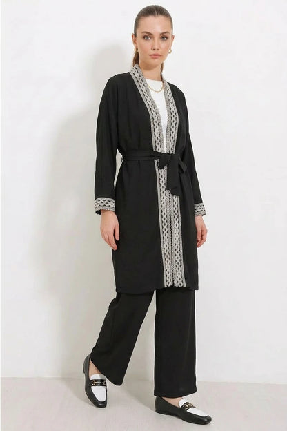 Kadın Kimono Yaka Örme Dantel Detaylı Siyah Takım