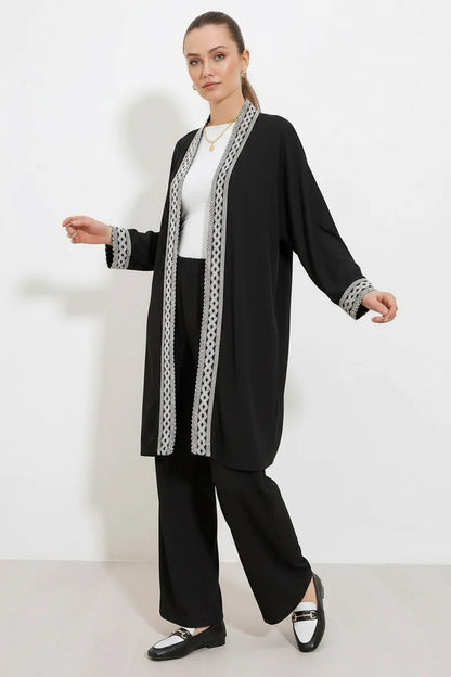 Kadın Kimono Yaka Örme Dantel Detaylı Siyah Takım