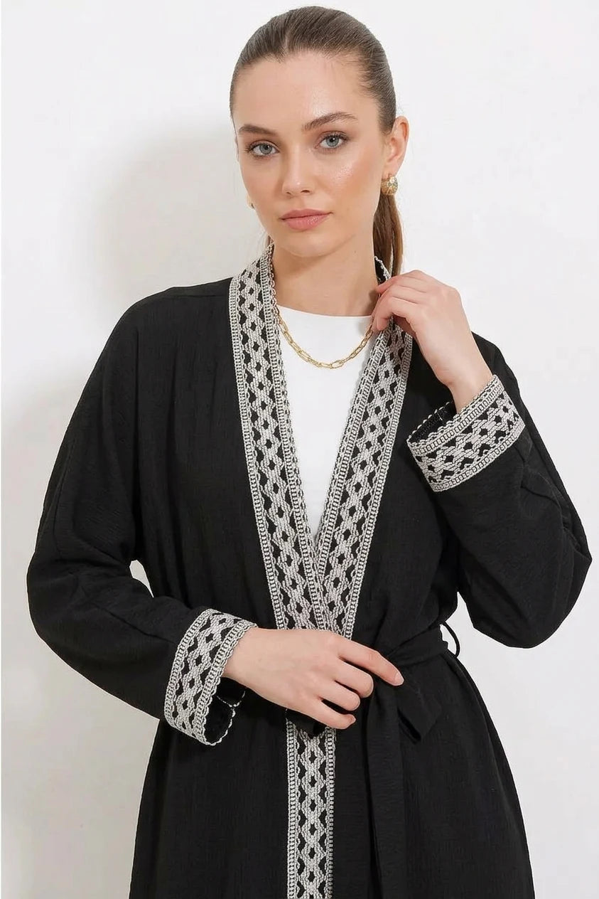 Kadın Kimono Yaka Örme Dantel Detaylı Siyah Takım