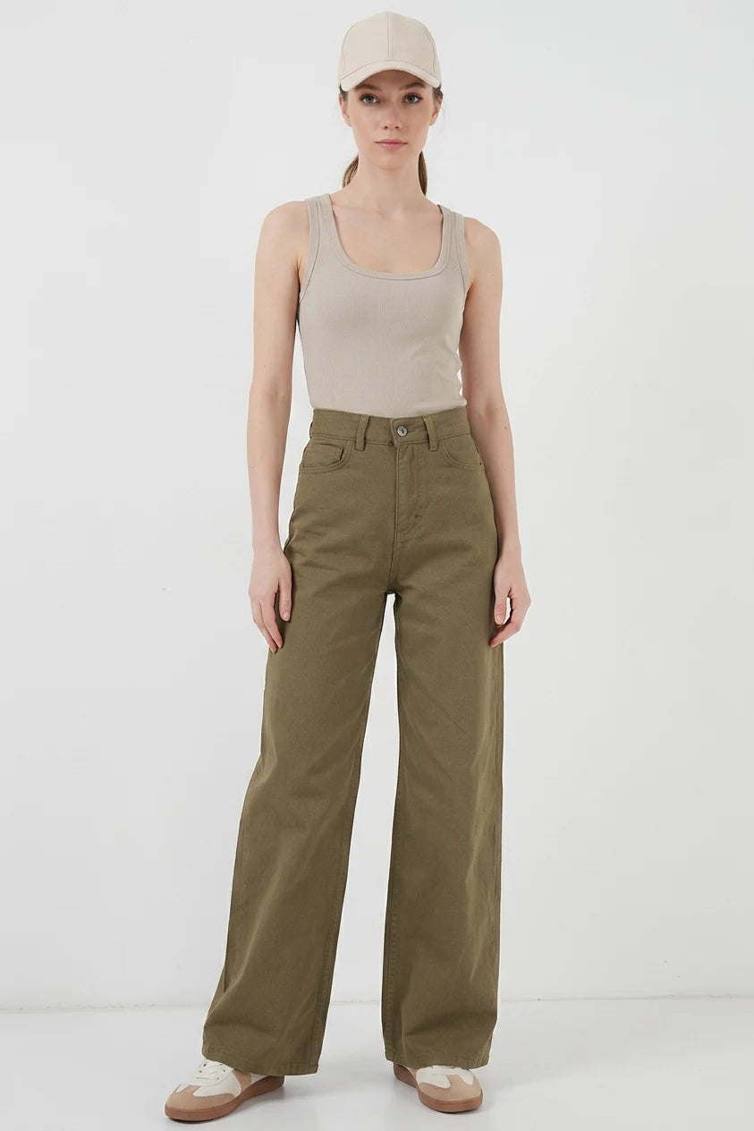 Kadın Yüksek Bel Bol Paça Haki Palazzo Pantolon