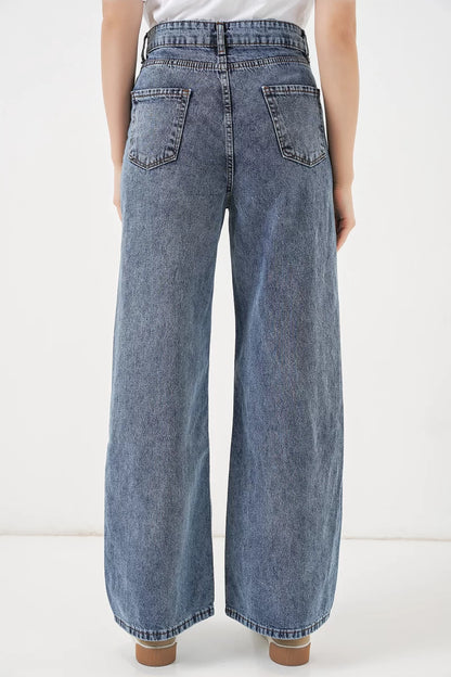 Kadın Yüksek Bel Kot Bol Paça Mavi Palazzo Pantolon