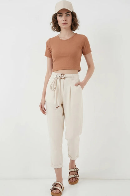 Kadın Yüksek Bel Kemerli Keten Pantolon