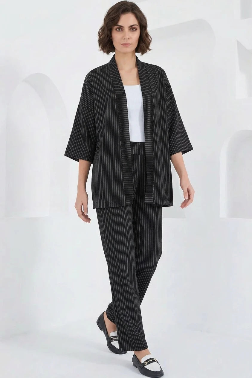 Kadın Kimono Yaka Çizgili İkili Takım