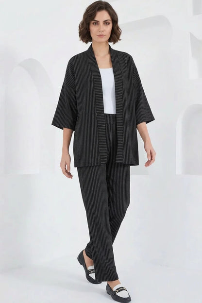 Kadın Kimono Yaka Çizgili İkili Takım
