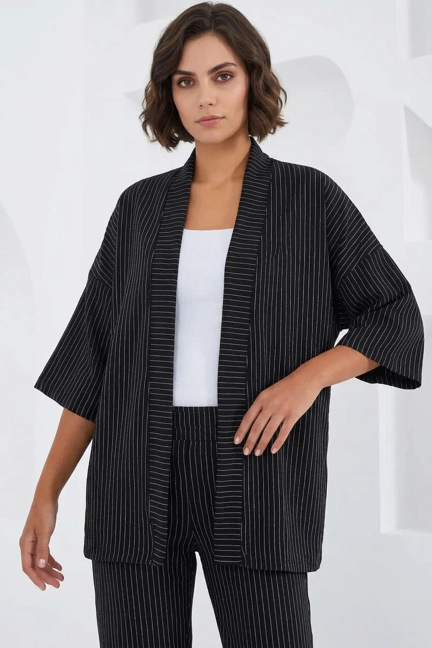 Kadın Kimono Yaka Çizgili İkili Takım