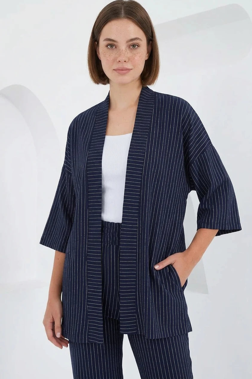 Kadın Kimono Yaka Çizgili İkili Takım