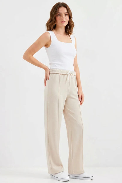 Kadın Beli Büzgülü Çimali Krem Pantolon