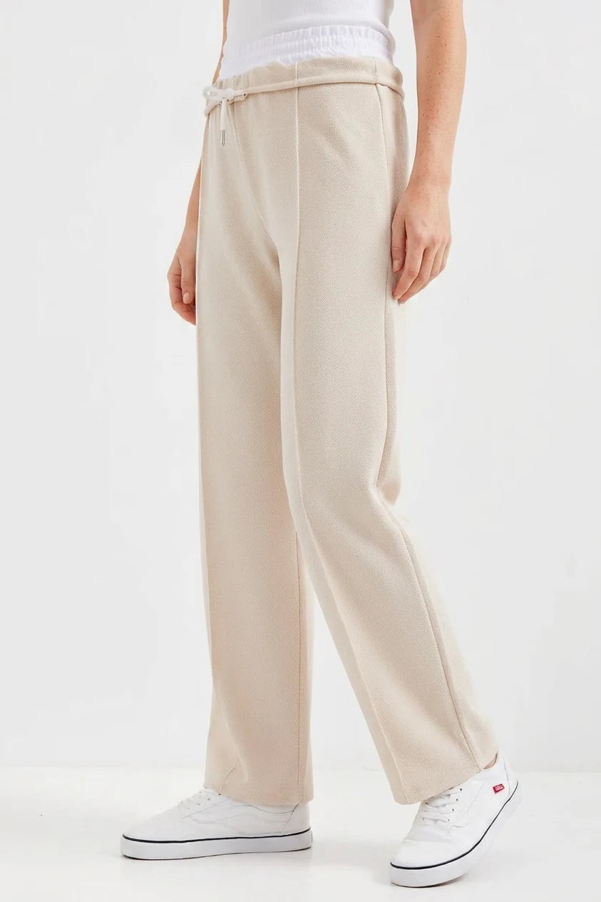 Kadın Beli Büzgülü Çimali Krem Pantolon
