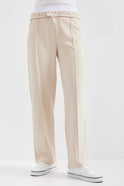 Kadın Beli Büzgülü Çimali Krem Pantolon