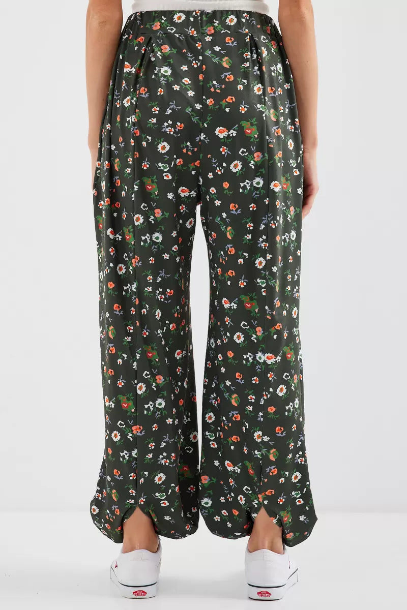 Kadın Yüksek Bel Çiçek Desenli Haki Şalvar Pantolon