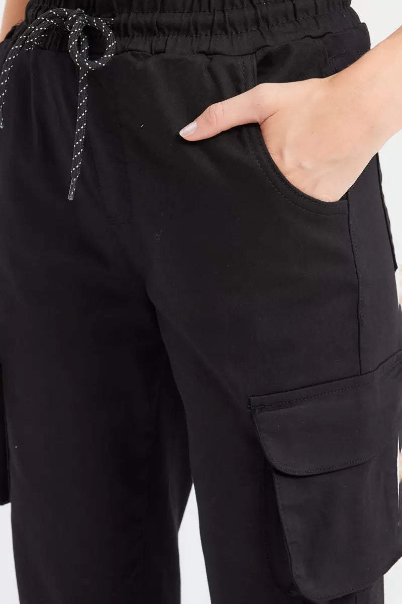Kadın Beli Bağcıklı Pamuklu Siyah Pantolon