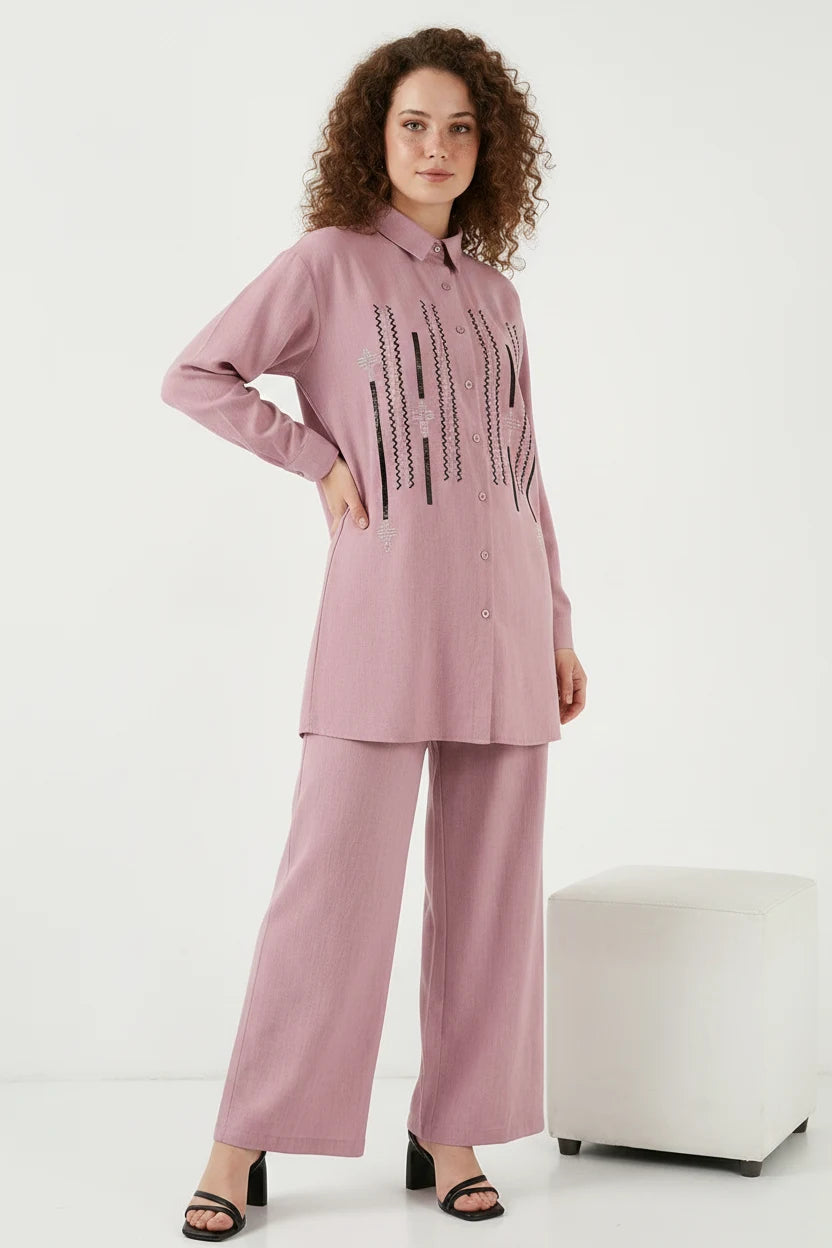 Kadın Gömlek Yaka desenli Viskon İkili Takım