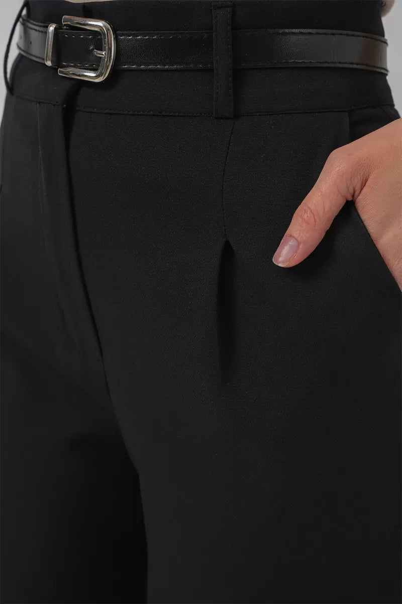 Kadın Yüksek Bel Pileli Kemerli Pantolon