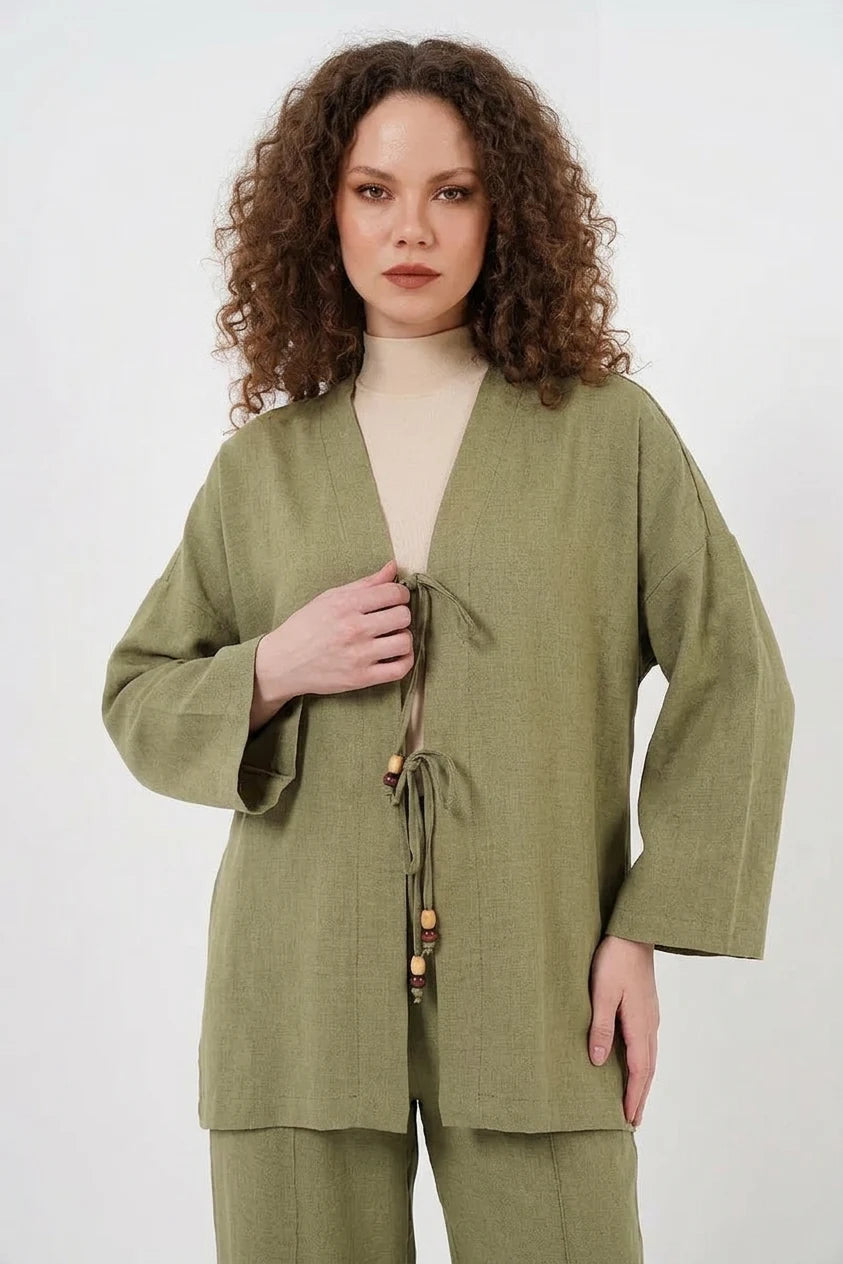 Kadın Kimono Yaka Viskon Çağla Yeşili İkili Takım