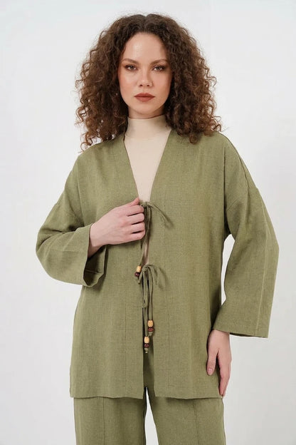 Kadın Kimono Yaka Viskon Çağla Yeşili İkili Takım