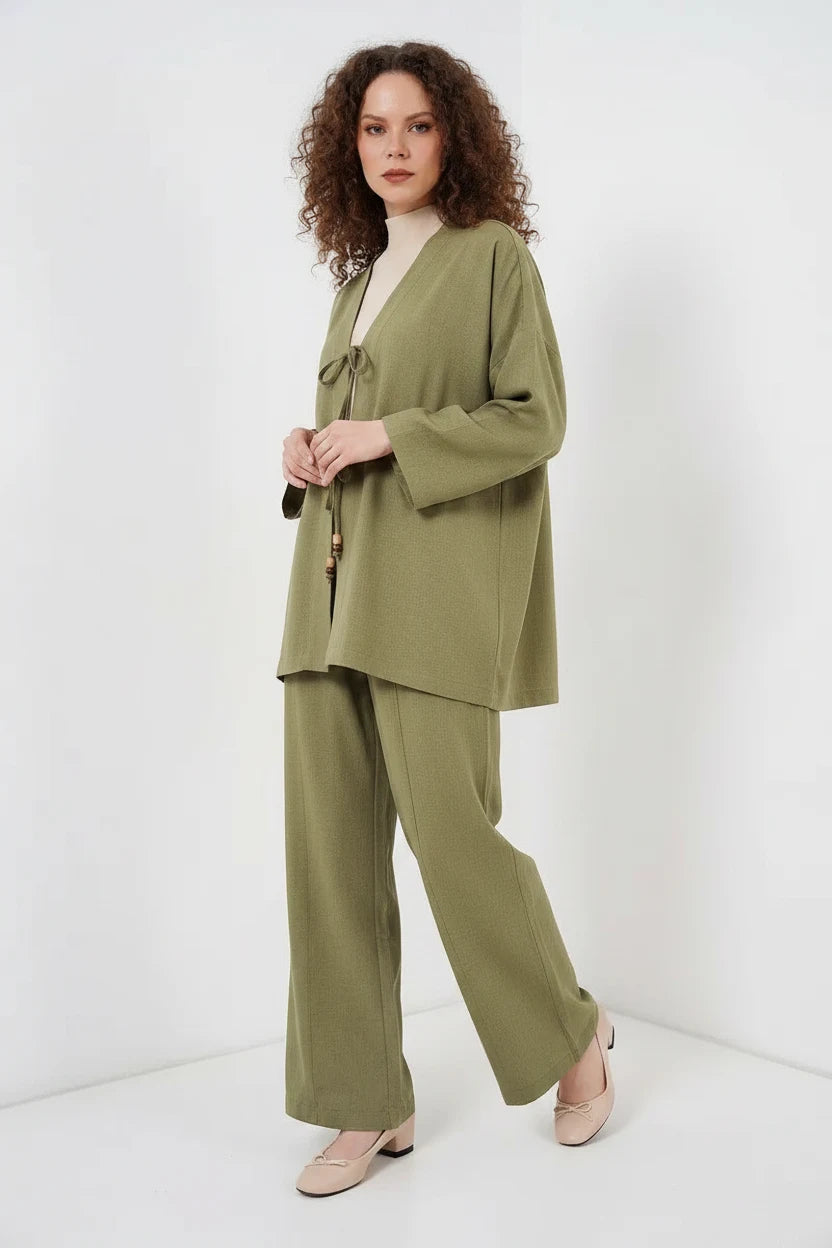 Kadın Kimono Yaka Viskon Çağla Yeşili İkili Takım