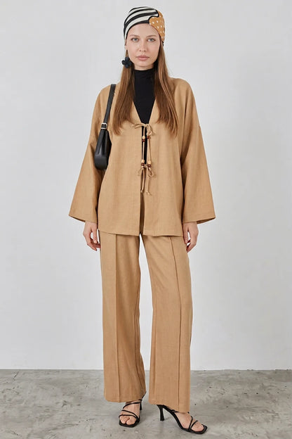 Kadın V Yaka Kimono Kuşaklı Keten Bisküvi İkili Takım