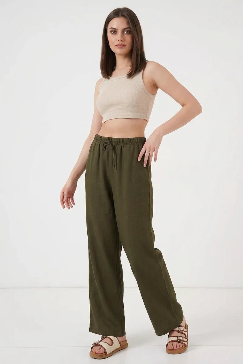 Kadın Lastikli Bel Keten Bol Paça Haki Palazzo Pantolon