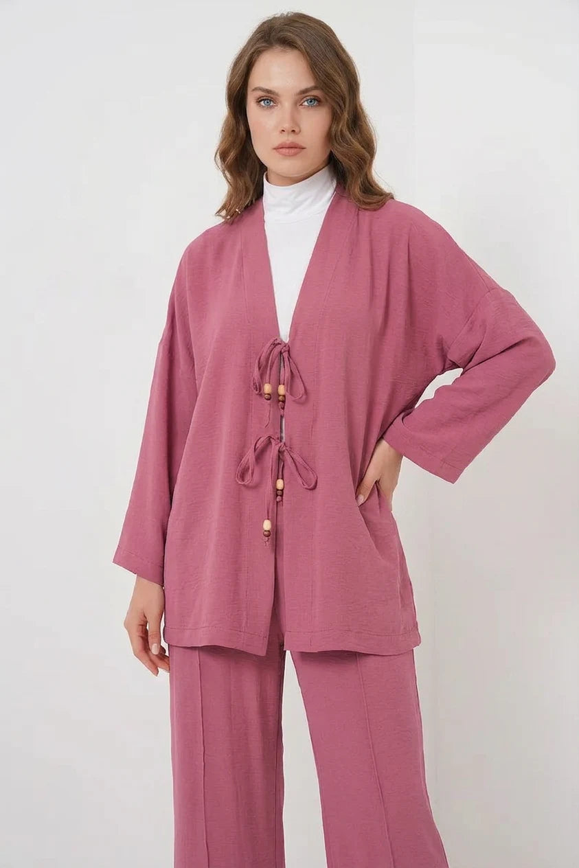 Kadın Kimono Yaka Kuşaklı Gül Kurusu İkili Takım