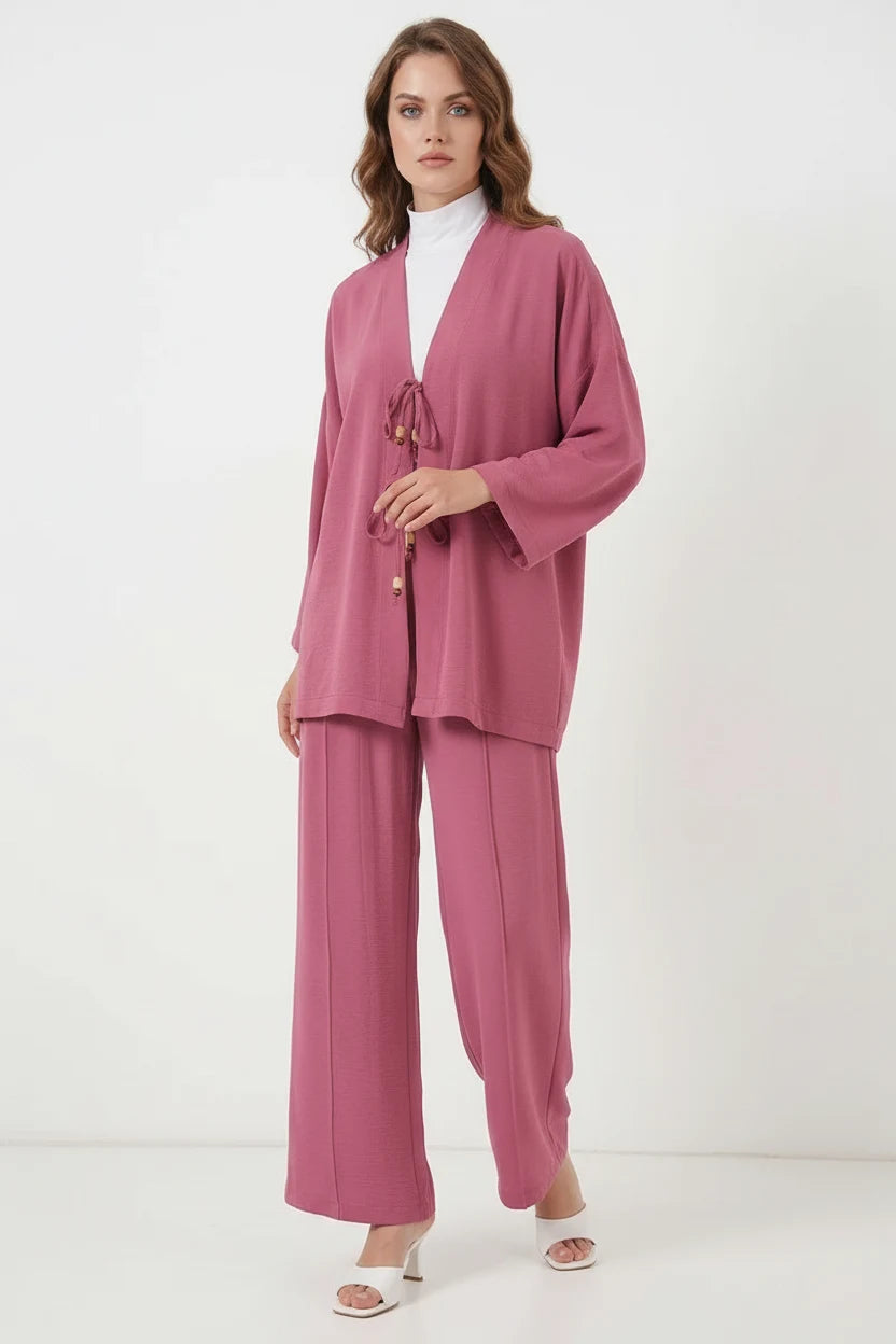 Kadın Kimono Yaka Kuşaklı Gül Kurusu İkili Takım