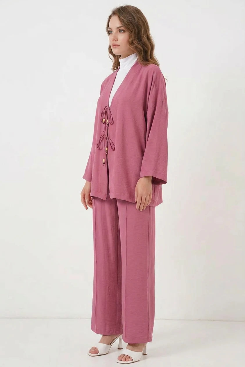 Kadın Kimono Yaka Kuşaklı Gül Kurusu İkili Takım