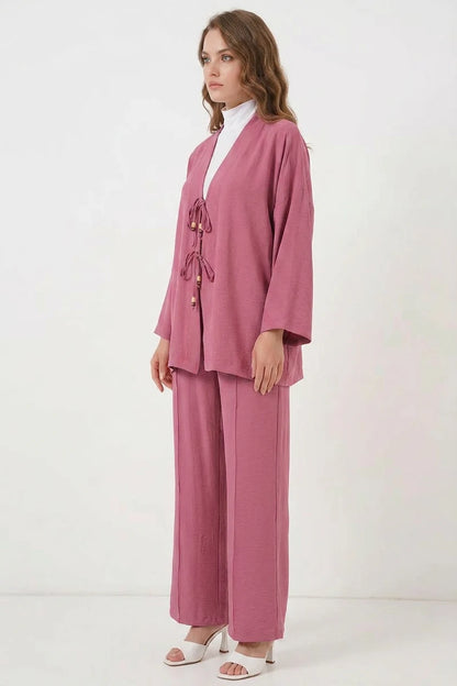 Kadın Kimono Yaka Kuşaklı Gül Kurusu İkili Takım