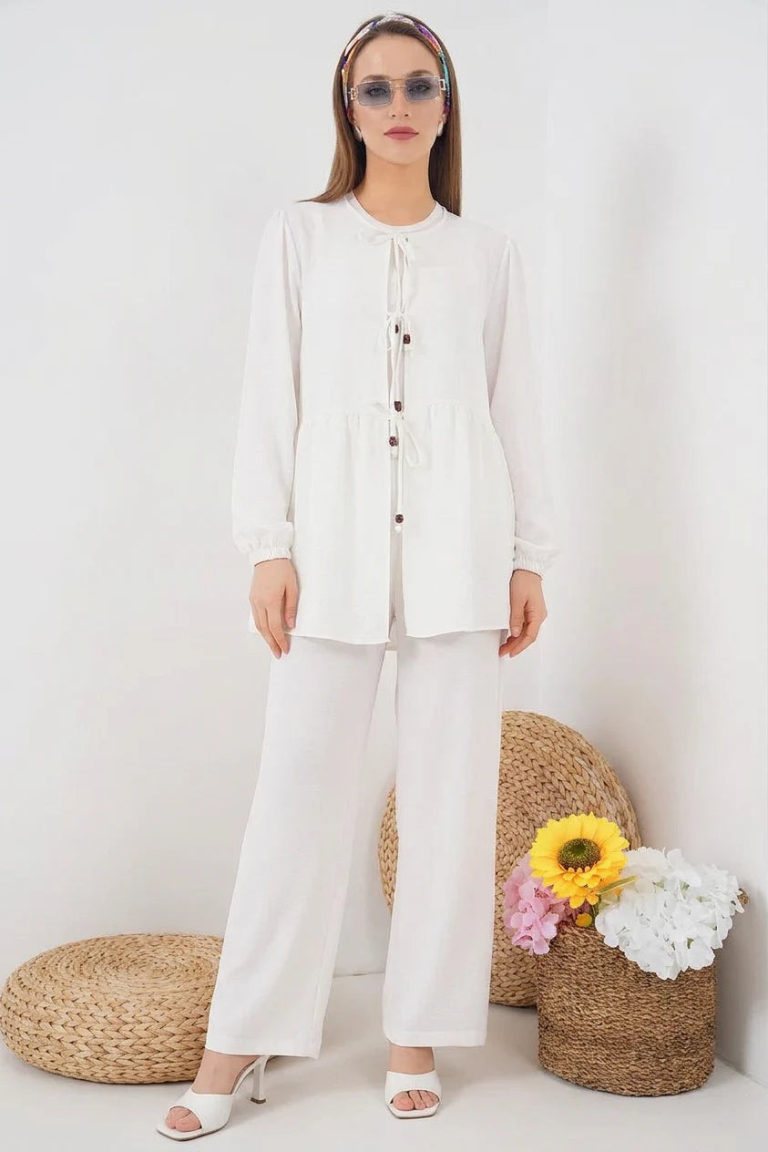 Kadın Yuvarlak Yaka Önden Bağcıklı İkili Takım