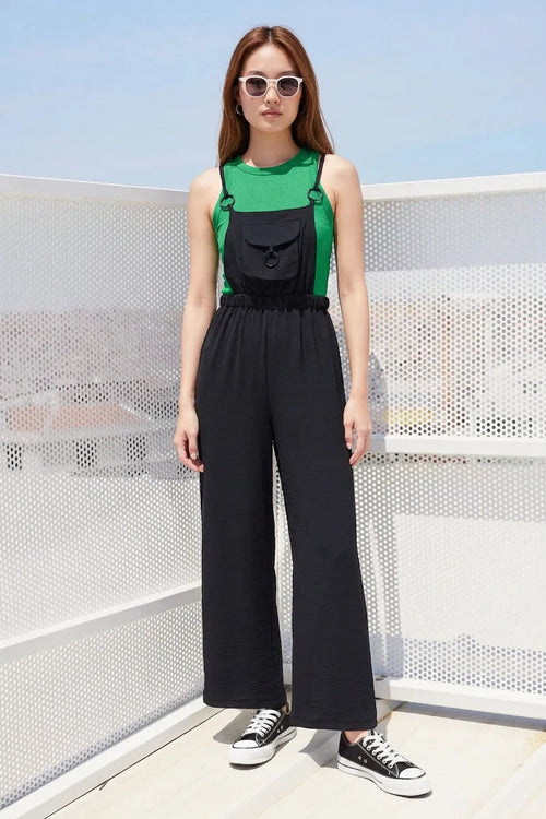 Kadın Askılı Beli Lastikli Halka Detaylı Siyah Tulum