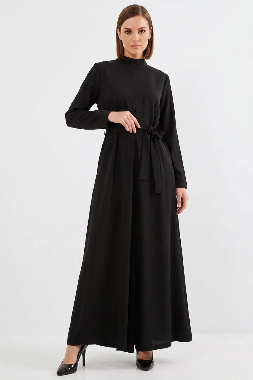 Kadın Yüksek Yaka Kuşaklı Uzun Kol Siyah Tulum Elbise