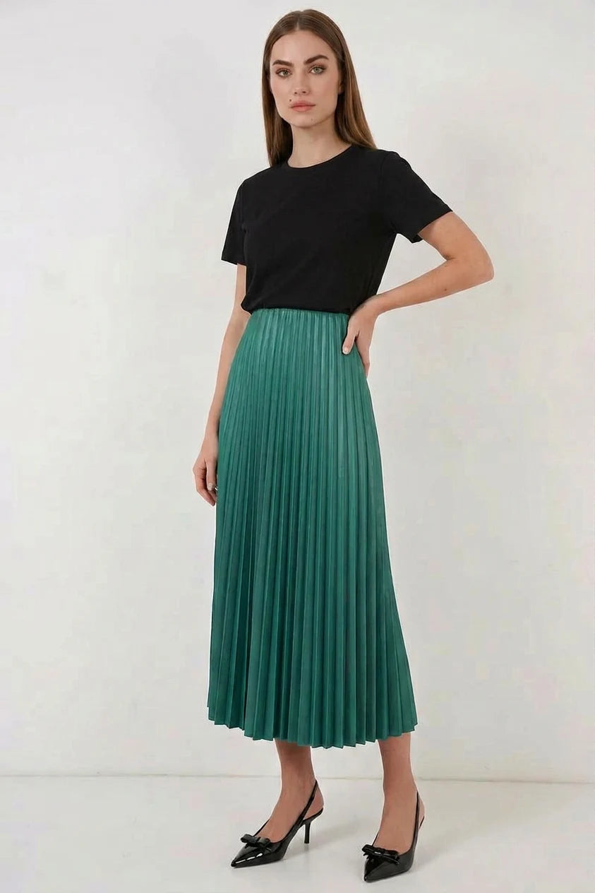 Kadın Dökümlü Yaka Standart Pileli Yeşil Etek