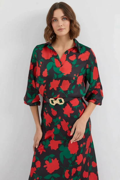 Kadın Gömlek Yaka Çiçek Desenli Saten Siyah Kırmızı İkili Takım