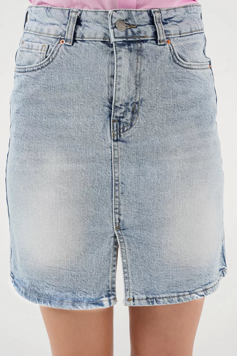 Kadın Gömlek Yaka Düğmeli Pamuklu Mavi Etek