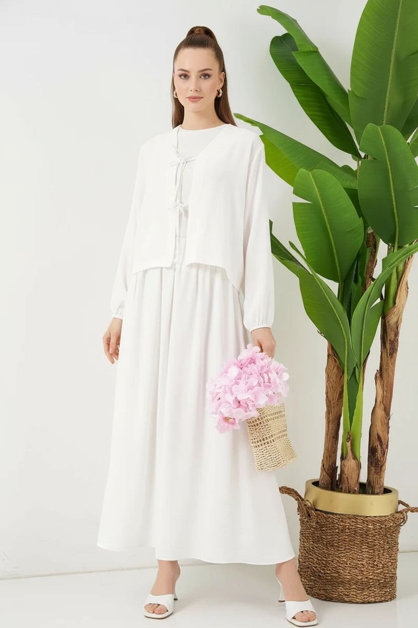 Kadın Kimono Yaka Beli Büzgülü Çiçek Desenli Beyaz İkili Takım