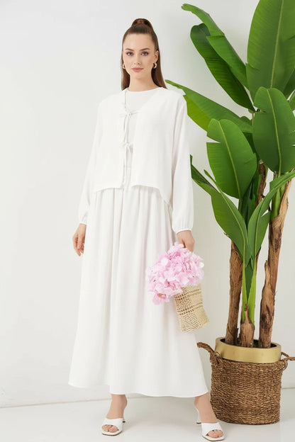 Kadın Kimono Yaka Beli Büzgülü Çiçek Desenli Beyaz İkili Takım