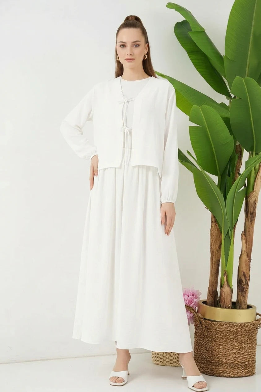 Kadın Kimono Yaka Beli Büzgülü Çiçek Desenli Beyaz İkili Takım