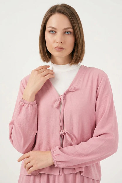Kadın V Yaka Beli Büzgülü Çiçek Desenli İkili Takım