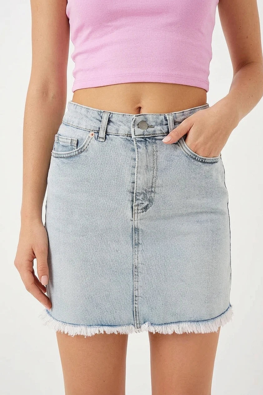 Kadın Bisiklet Yaka Normal Bel Püsküllü Mini Pamuklu Mavi Kot Etek