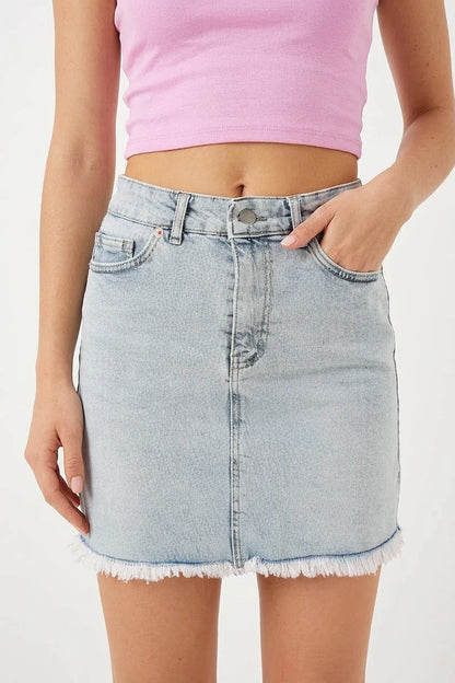 Kadın Bisiklet Yaka Normal Bel Püsküllü Mini Pamuklu Mavi Kot Etek