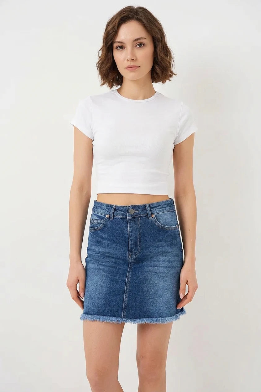 Kadın Püsküllü Mini Pamuklu Lacivert Kot Etek