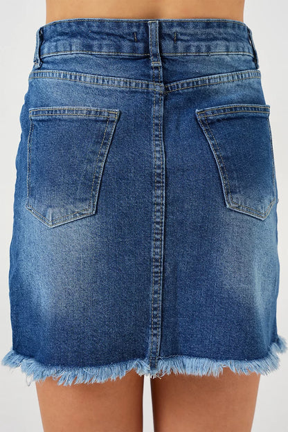 Kadın Püsküllü Mini Pamuklu Lacivert Kot Etek