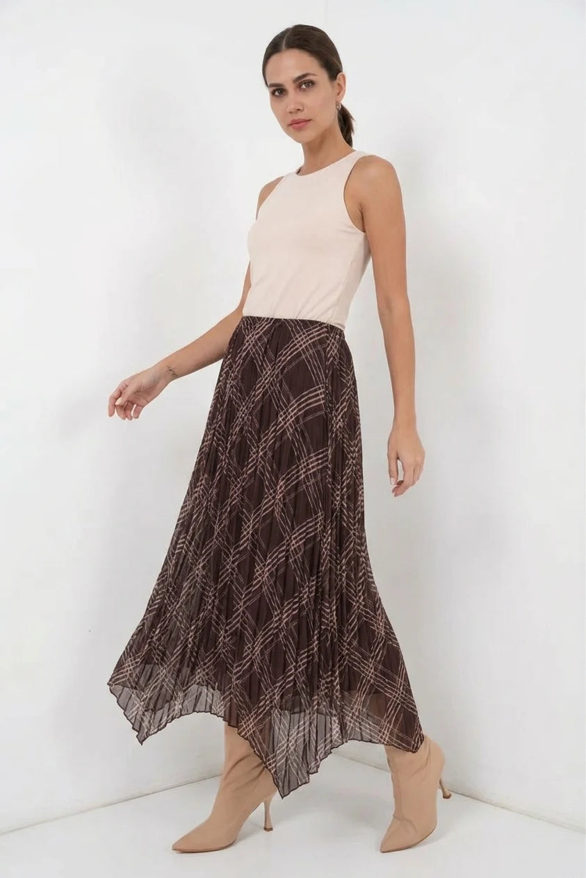 Kadın Asimetrik Kesim Pileli Şifon Kahverengi Etek