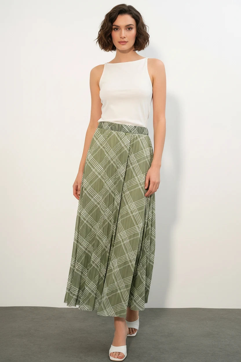 Kadın Kayık Yaka Yüksek Bel Çizgili Desen Etek
