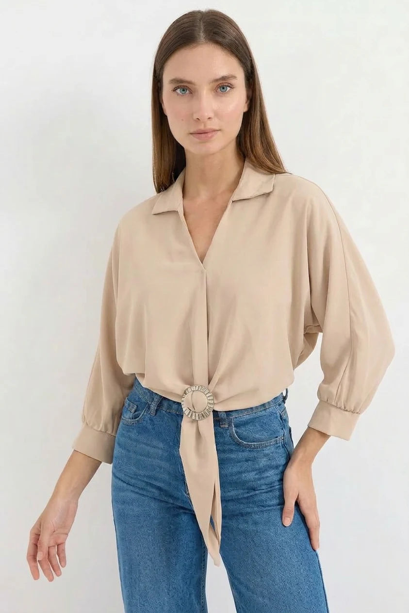 Kadın Gömlek Yaka Belden Bağlamalı Oversize Dökümlü Bej Bluz