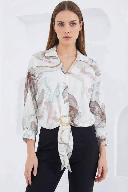 Kadın Crop Oversize Desenli Saten Kahverengi Gömlek