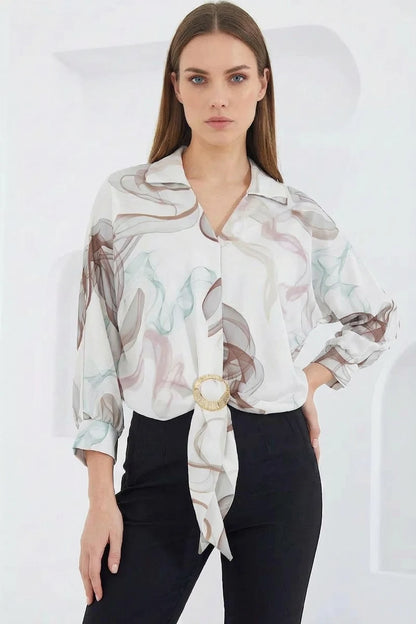 Kadın Crop Oversize Desenli Saten Kahverengi Gömlek